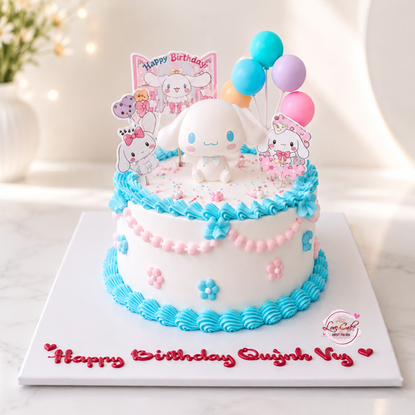 Bánh kem chó tai dài dễ thương Cinnamoroll màu trắng xanh pastel trang trí bóng bay cho sinh nhật bé gái.