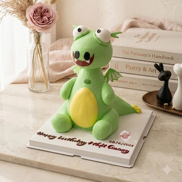 Bánh kem tạo hình 3D chú khủng long màu xanh dễ thương với thiết kế nổi hoàn toàn, phù hợp làm bánh sinh nhật cho bé trai và bé gái.